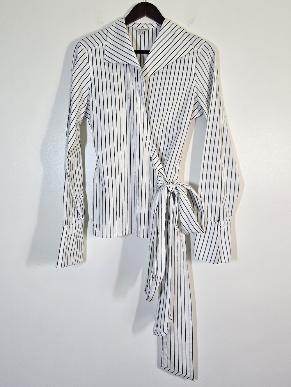 J.Peterman Cotton Poplin Striped Wrap Blouse White Black 10